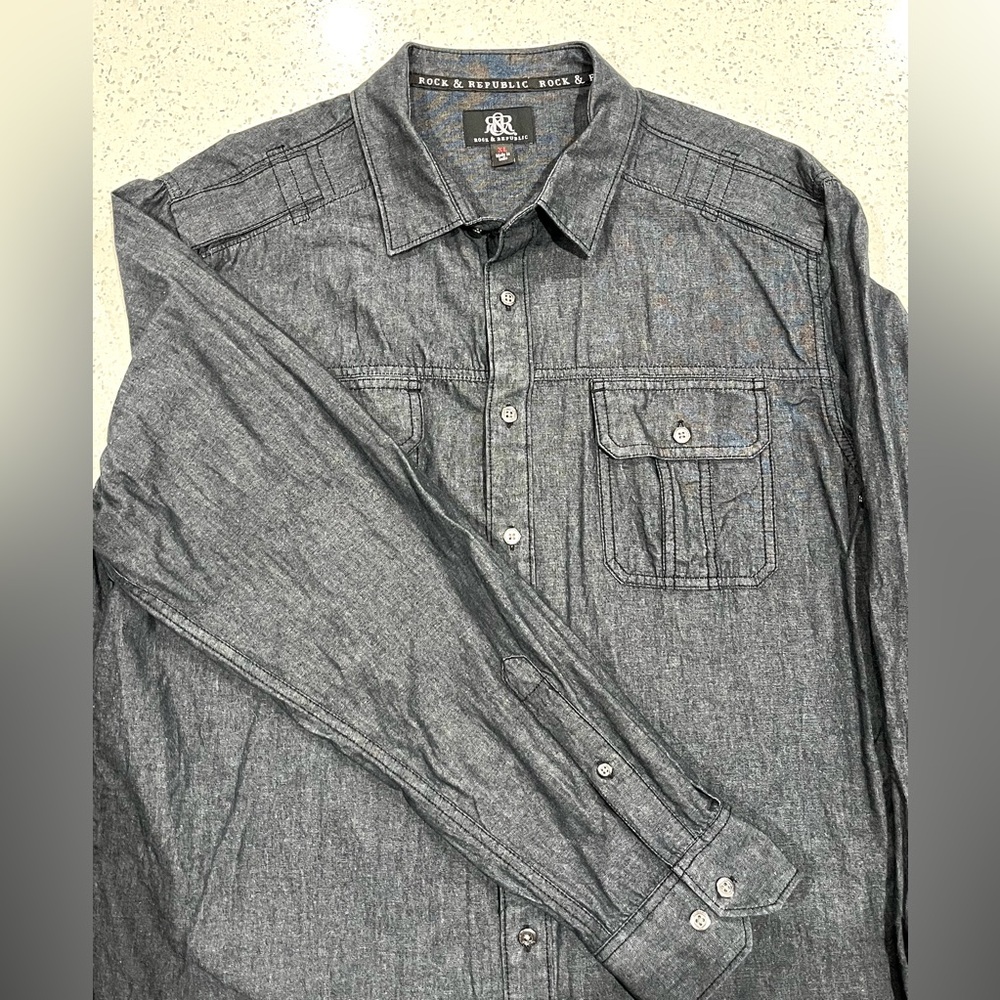 Rock & Republic Blue/Black Cotton Denim Look Shirt long Sleeve Roll Tab Button - Picture 2 of 7